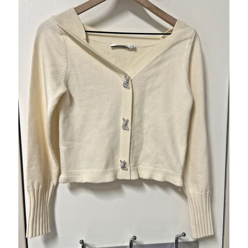 b+ab Women Size Small Pullover‎ Sweater Bunny Pearl Buttons Cream Easter Unique